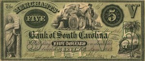 Merchants Bank of South Carolina - Cheraw, South Carolina - 1857 dated $5 Dollar Obsolete Note - U.S. Currency